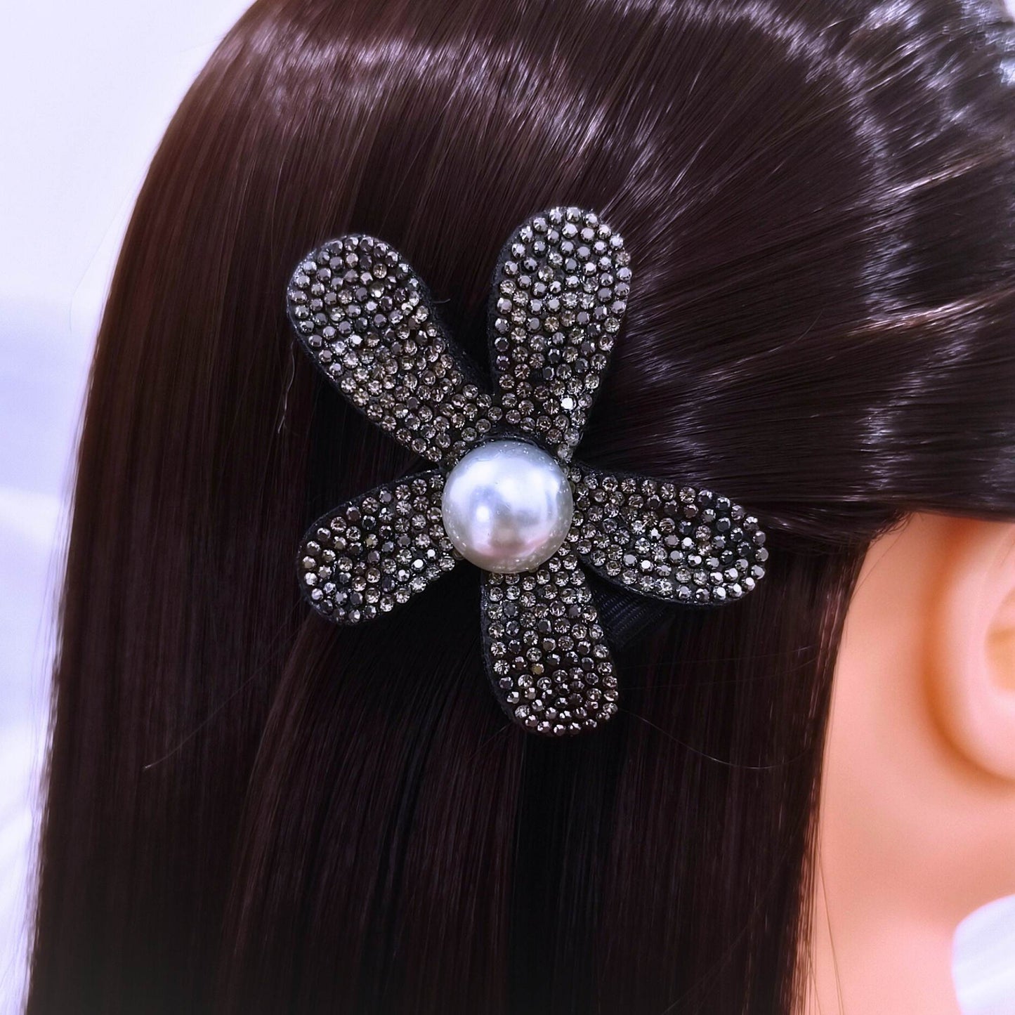 Blooming Crystal Fabric hair pin-Dark Brown.