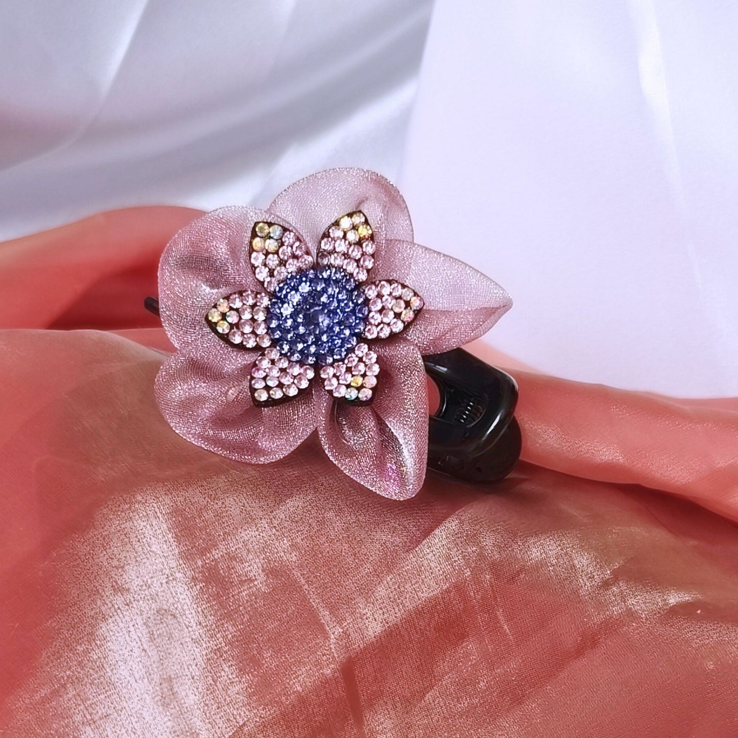 Blooming Side-Angle organza flower crystal Claw Clip -Pink