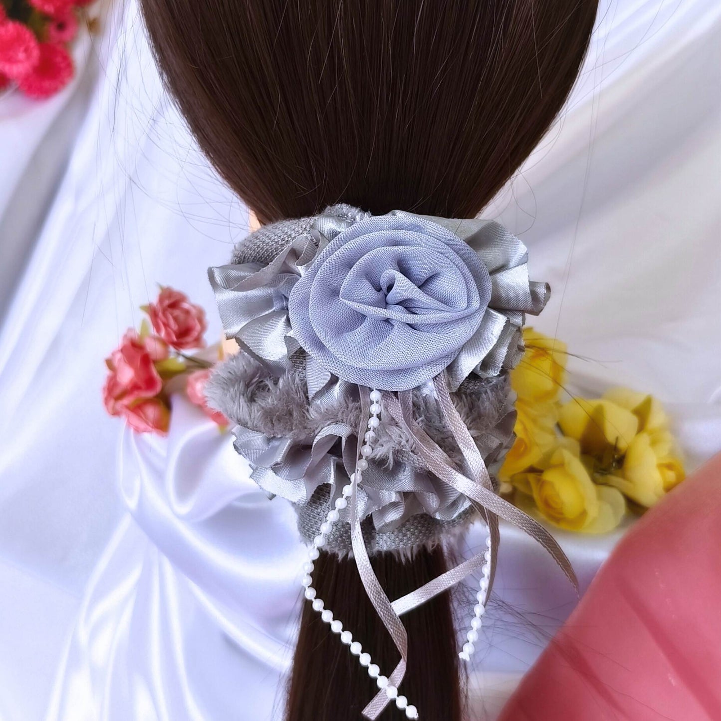 Blooming Furry-Satin scrunchies with pearl & lace