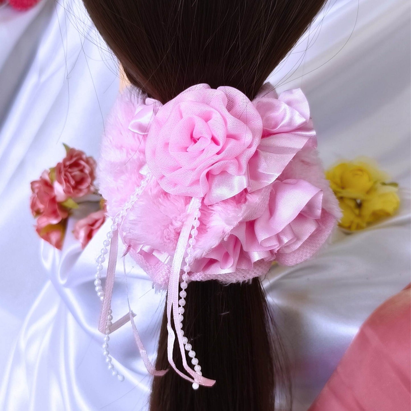 Blooming Furry-Satin scrunchies with pearl & lace