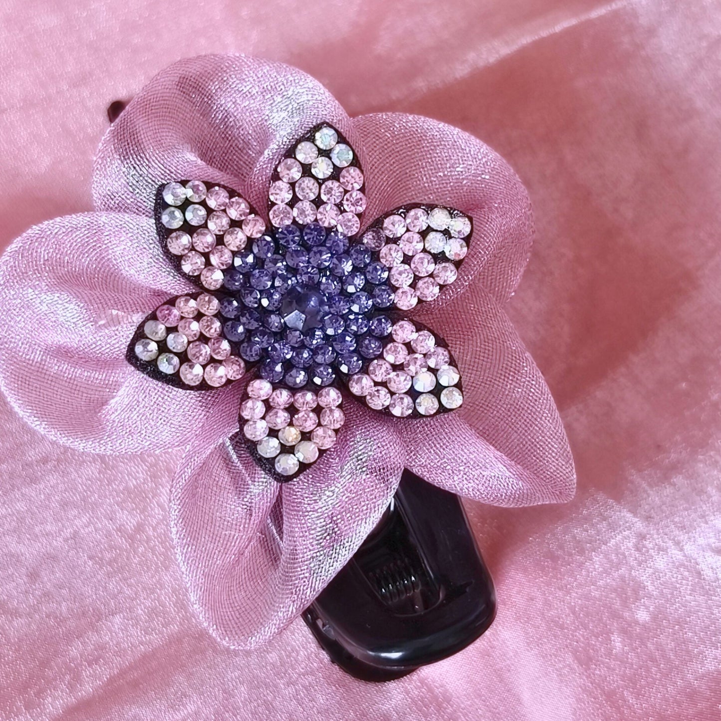 Blooming Side-Angle organza flower crystal Claw Clip -Pink