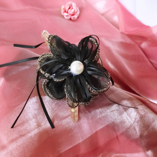 Blooming Organza flower claw clip with Golden Border- Black