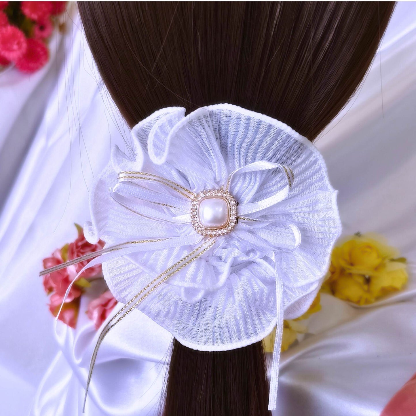 Blooming Soft crushed Scrunchie Pearl center with Ribbon