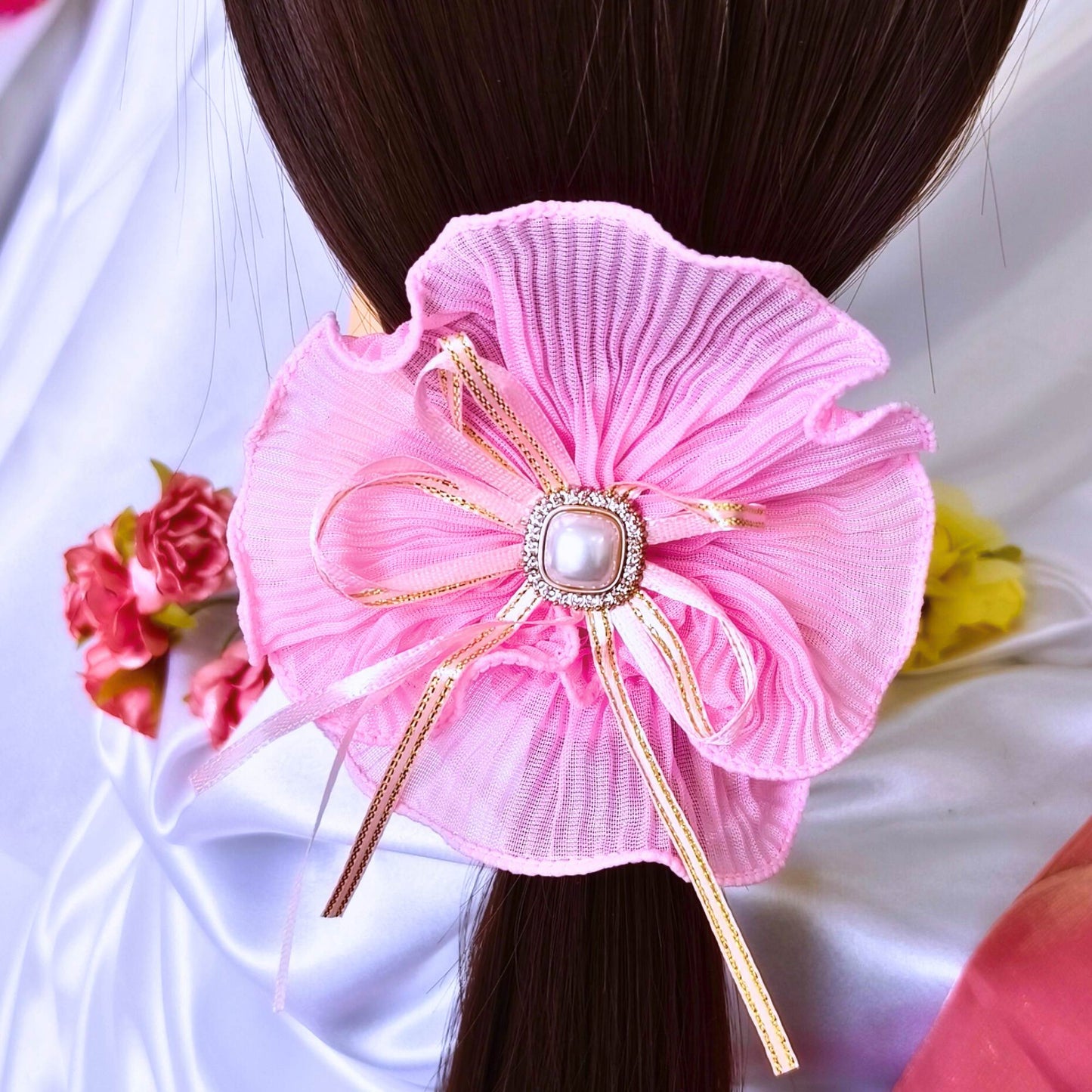 Blooming Soft crushed Scrunchie Pearl center with Ribbon