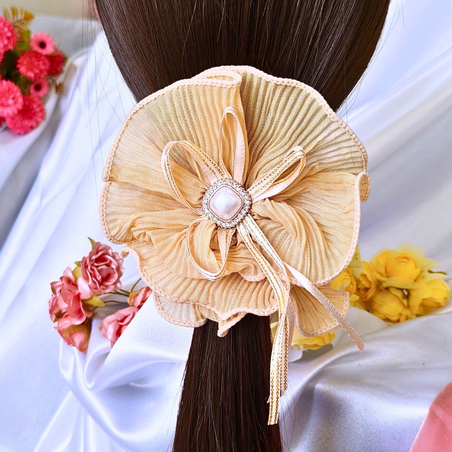 Blooming Soft crushed Scrunchie Pearl center with Ribbon