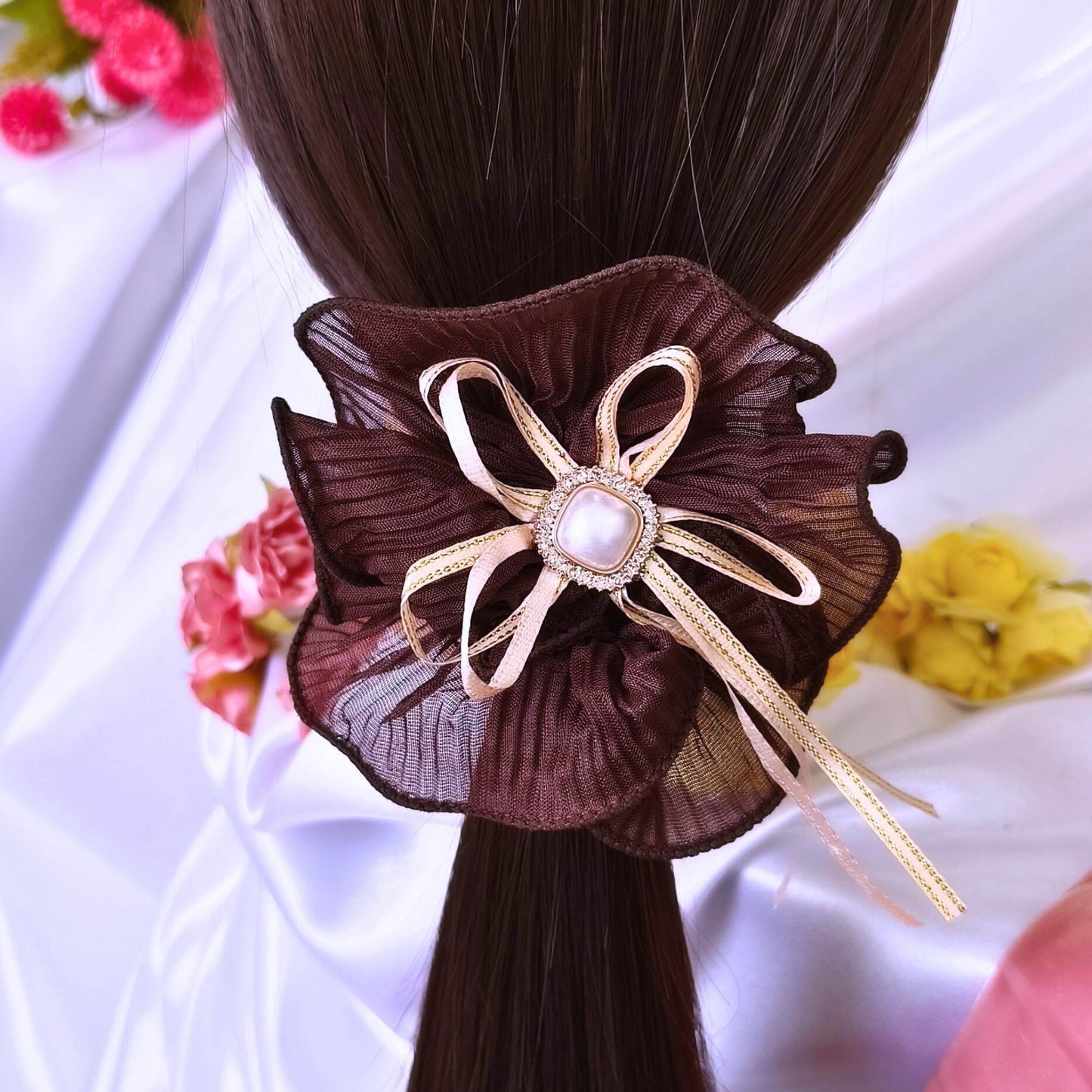 Blooming Soft crushed Scrunchie Pearl center with Ribbon