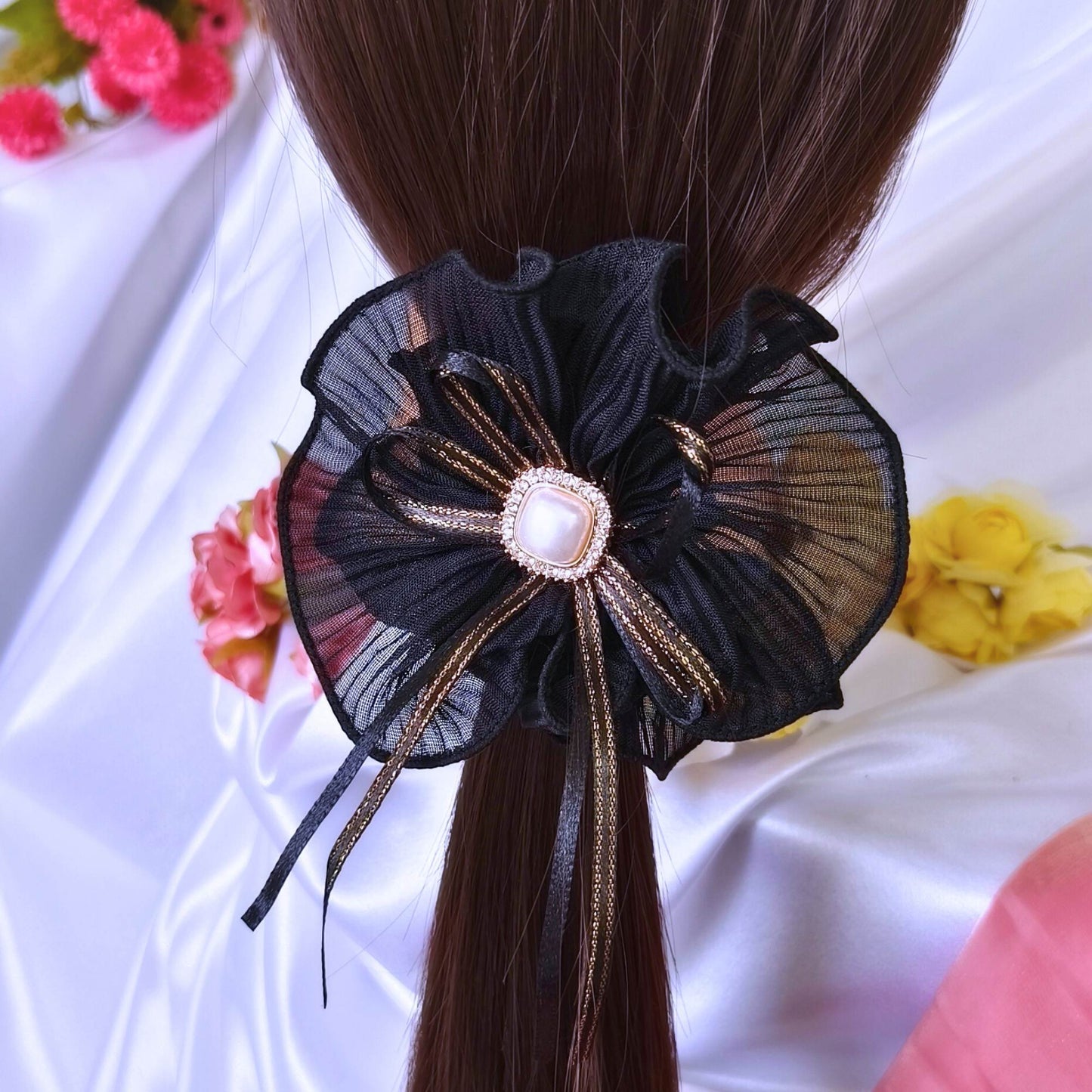 Blooming Soft crushed Scrunchie Pearl center with Ribbon