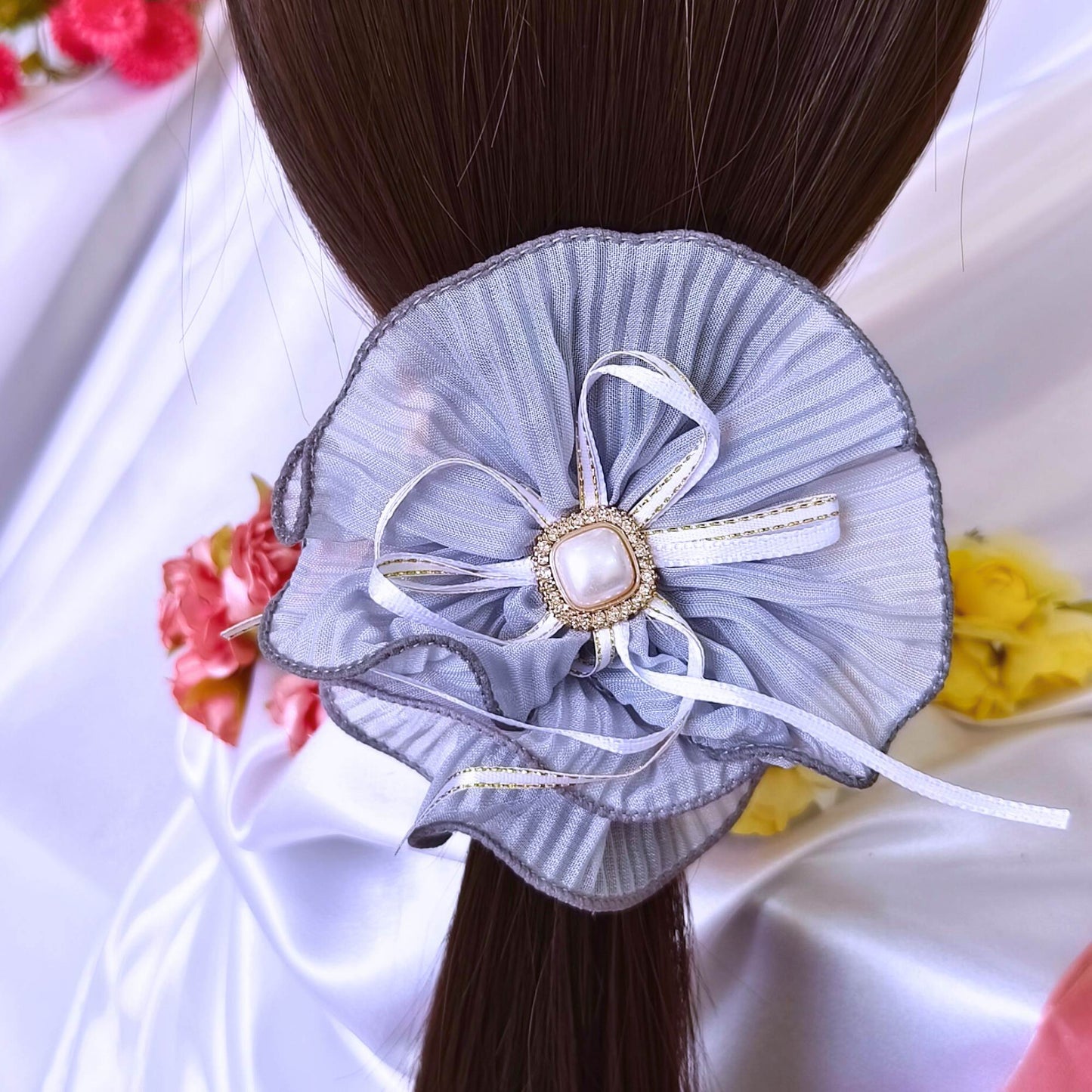 Blooming Soft crushed Scrunchie Pearl center with Ribbon
