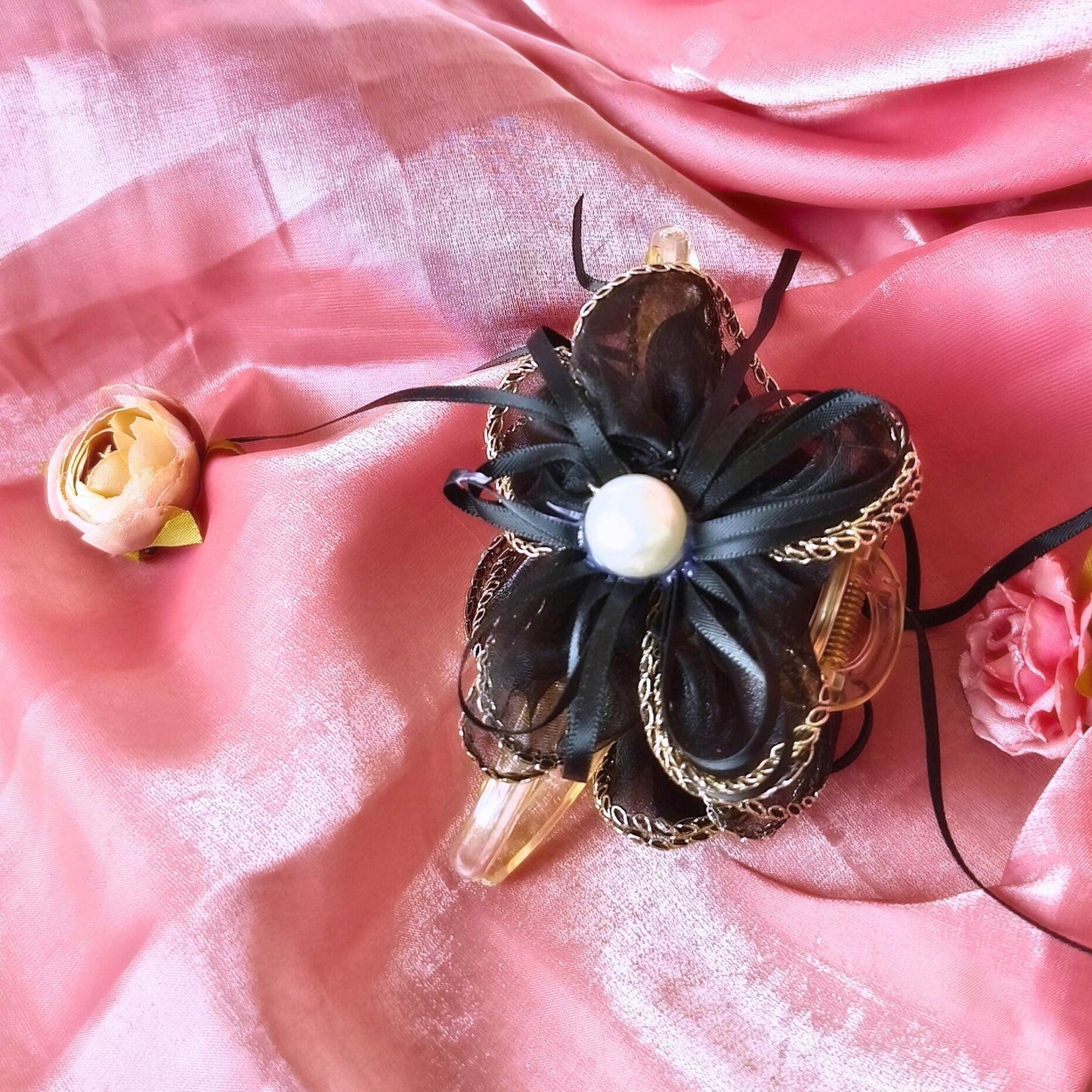 Blooming Organza flower claw clip with Golden Border- Black