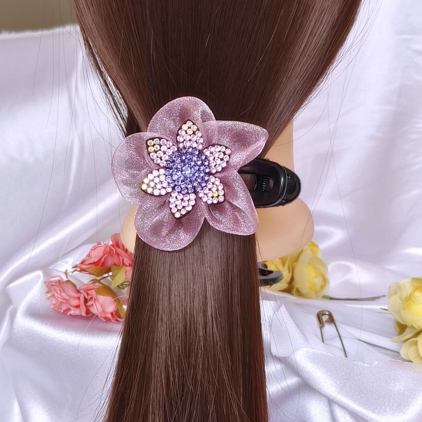 Blooming Side-Angle organza flower crystal Claw Clip -Pink