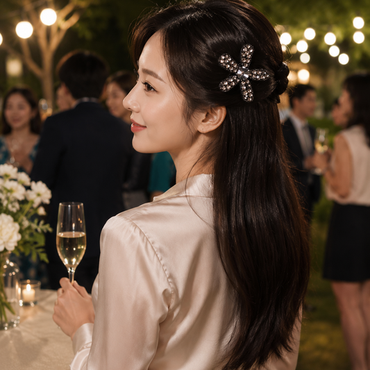 Blooming Big Crystal-Fabric hair pin-Dark Brown.
