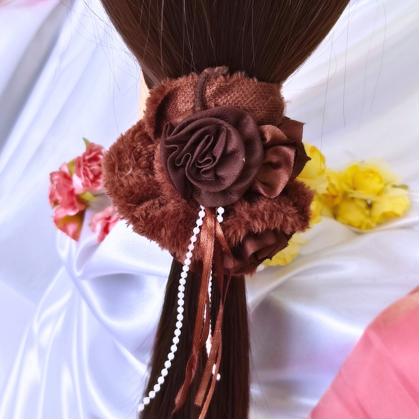 Blooming Furry-Satin scrunchies with pearl & lace